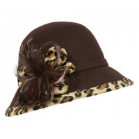Bucket Hats – 12 PCS 100% Wool w/ Feather Flower & Leopard Print Trim - Brown - HT-CC12-1BR